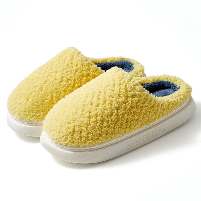 Pantoufles chaudes pour femme en polaire et coton avec une semelle en EVA, de couleur jaune